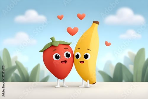 Charming illustration of happy strawberry and banana characters with friendly expressions, surrounded by floating hearts. Set against a clear sky, it symbolizes friendship and joy.