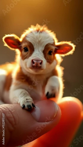 Adorable miniature calf perched on a fingertip, bathed in warm sunlight