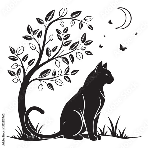 cat sitting silhouette black and white