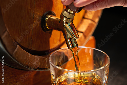 A hand pours whiskey from a wooden barrel into a glass.
