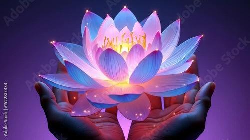 Mesmerizing Close-Up of a Glowing Lotus in Hands with Soft Purple Lighting, Perfect for Meditation and Spiritual Video Projects
