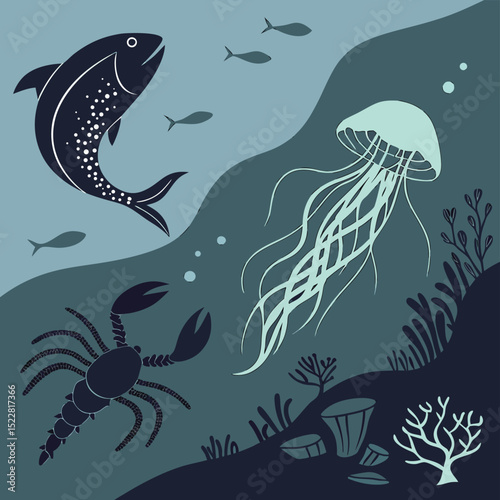 vector illustration of a set of sea animals