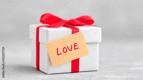 White Gift Box with Red Bow and Love Tag