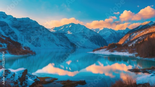 Scenic view of the pristine lake and snow-capped mountains during daylight, with empty copy space for text