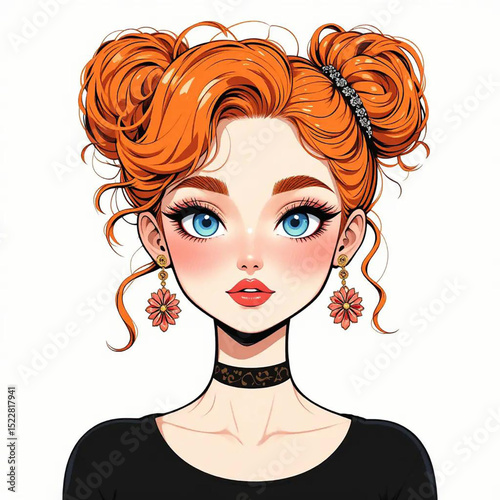 Girl With Red Hair And Blue Eyes, Smiling And Wearing Colorful Dress In Cheerful Setting.eps