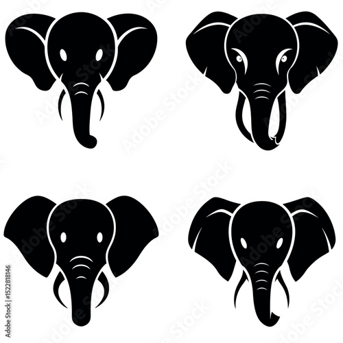 Four Black and White Elephant Head Illustrations Isolated on White Background