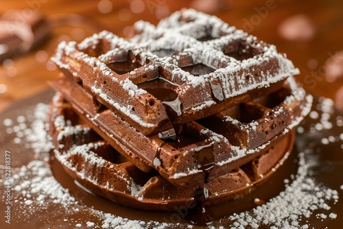 A detailed shot of a stack of chocolate waffles, drenched in rich chocolate syrup and garnished with powdered sugar, creating a delectable visual. 40k, full ultra hd, high resolution