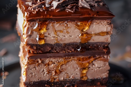 A luxurious stack of chocolate cheesecake slices, each layer topped with a glossy drizzle of syrup, presented in a high-definition close-up shot. 40k, full ultra hd, high resolution