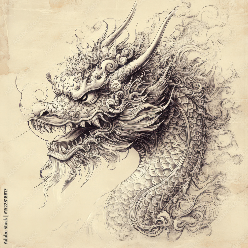 Fototapeta premium Detailed Ink Drawing of a Mythical Dragon Head on Textured Background