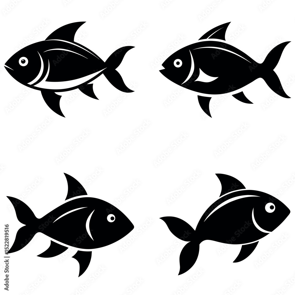 Fototapeta premium Four Stylized Black Fish Icons on a White Background Depicting Different Swimming Poses