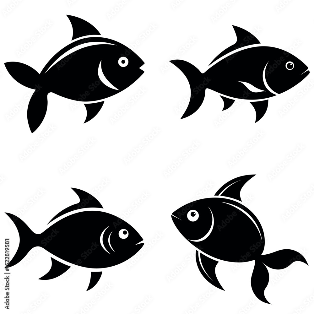 Fototapeta premium Black Silhouette Fish Icons Set on White Background Design Elements