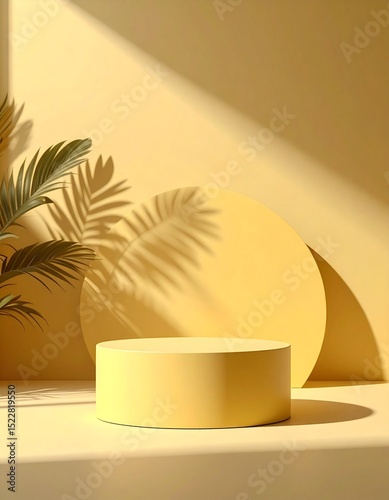 yellow round pedestal podium with yellow background with shadows and lighting, product display