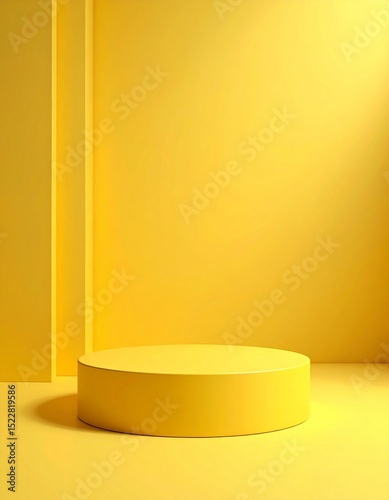 yellow round pedestal podium with soft shadows and lighting on yellow background, product display