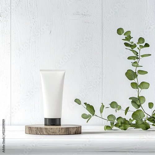 White Hand Cream Tube Mockup with Eucalyptus on Wooden Surface