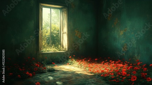 Sunlit abandoned room, poppies, overgrown window, nature reclaiming