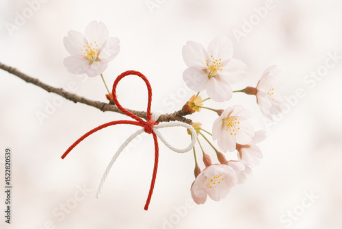 Delicate cherry blossoms adorned with red and white ribbon on branch
