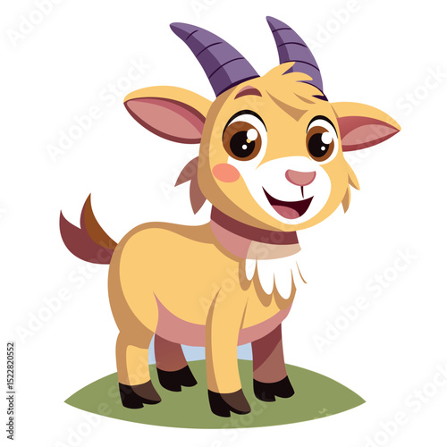 Cartoon Baby Goat Standing on Grass Patch with Purple Horns Smiling Happily