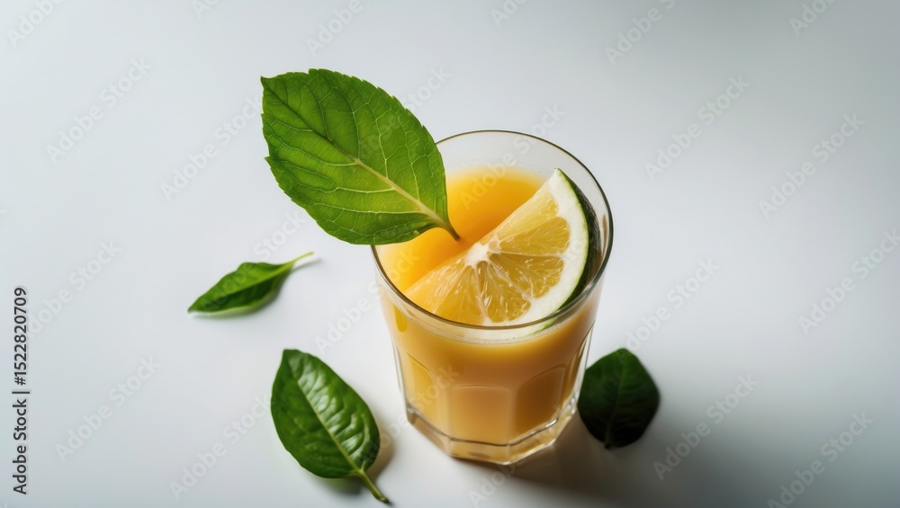 Fototapeta premium Closeup of a glass of juice with half a slice and green leaf isolated on white background. Fresh drinks concept with empty space for text.