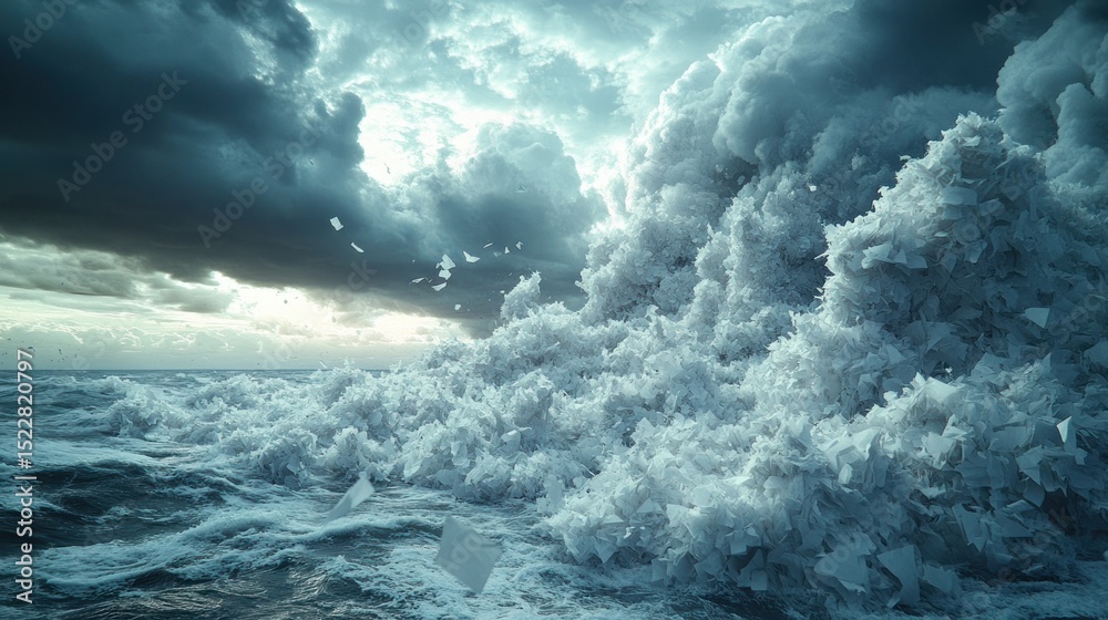 Fototapeta premium Stormy sea wave crashing, dark clouds, sunset, dramatic ocean scene, background use