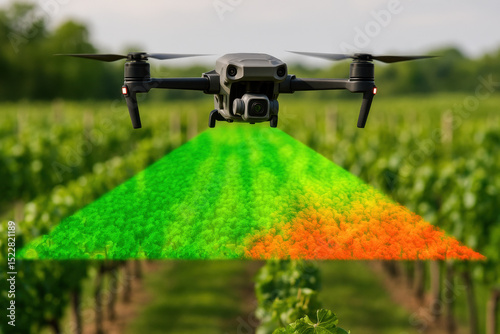 Drone monitoring crop health using multispectral imaging, advanced agriculture technology for precision farm field management