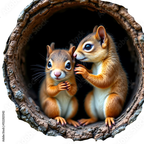 Squirrel in a tree hole. Two baby squirrels in a hole. Squirrel house. Squirrel photo showing curiosity. Wildlife photo.