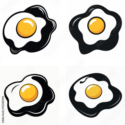 Illustration of Four Fried Eggs with Yellow Yolks and Black and White Styling