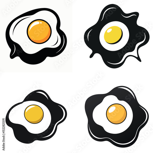 Four Cartoon Fried Eggs with Yellow Yolks and Black and White Outlines Illustration