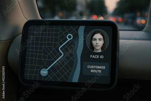 Smart car dashboard displaying face id authentication and customizable route on interactive navigation screen while driving in city