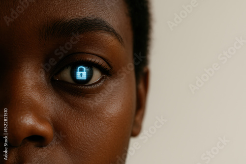 Close up of a person's eye with security lock symbol, representing digital privacy and protection concept