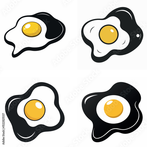 Four Stylized SunnySideUp Eggs with Black and Yellow Color Scheme on White Background