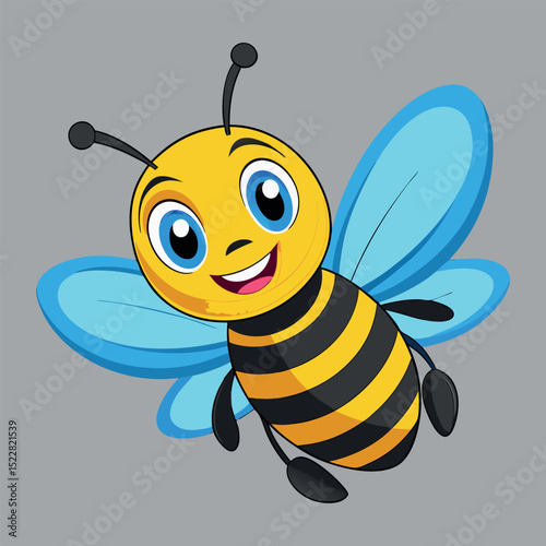Cartoon Bee Flying with Blue Wings and a Cheerful Expression Illustration