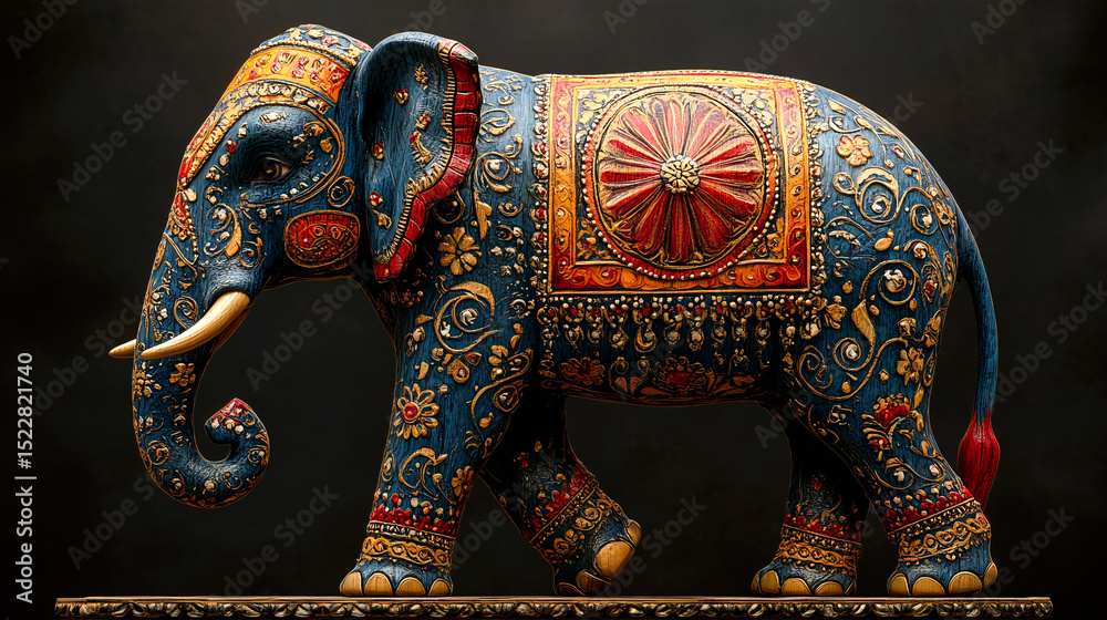 Obraz premium 3D elephant, painted in blue and red Indian style with patterns on the body of an elegant wooden painting for wall decoration, decorated with beautiful patterns from India on its back and trunk