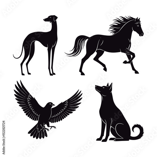 Animal Silhouettes Vector Set. Horse, Dog, and Bird Silhouettes.
