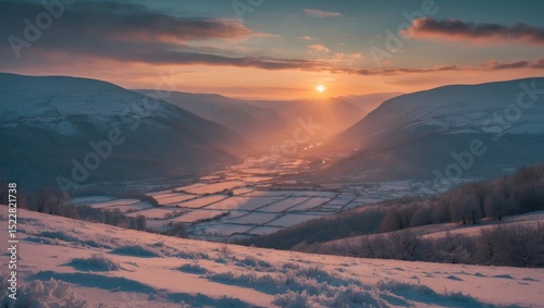 View Of A Valley at Sunset After The First Snow with Empty Space For Text photo
