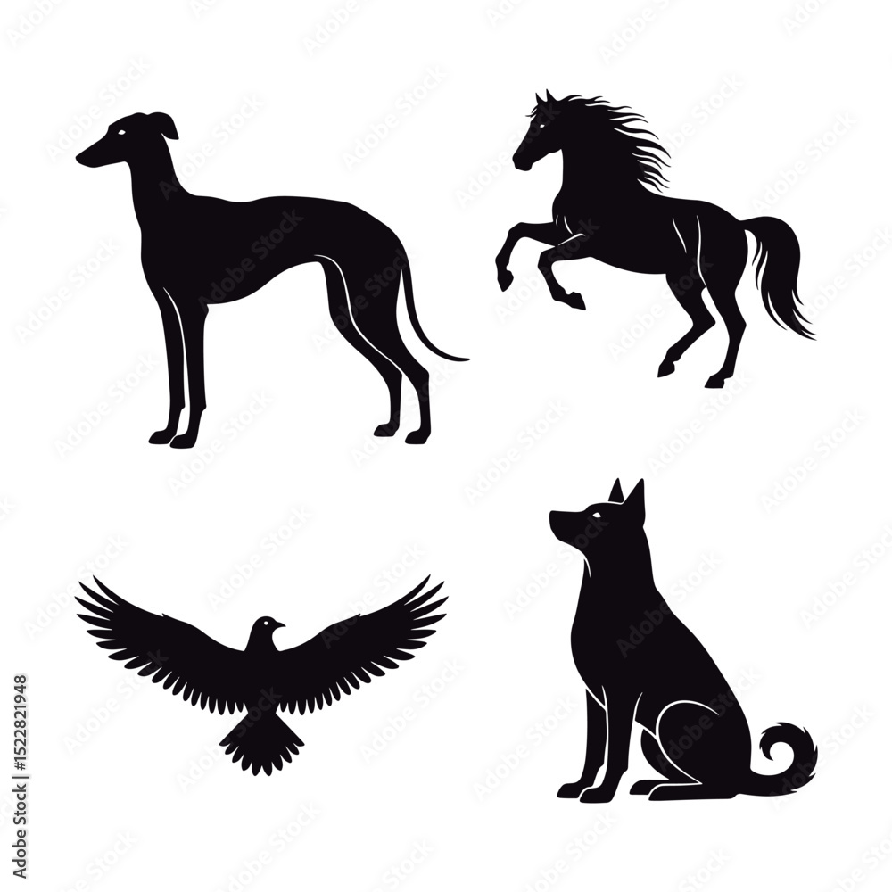 Fototapeta premium Animal Silhouettes Vector Set. Horse, Dog, and Bird Silhouettes. 