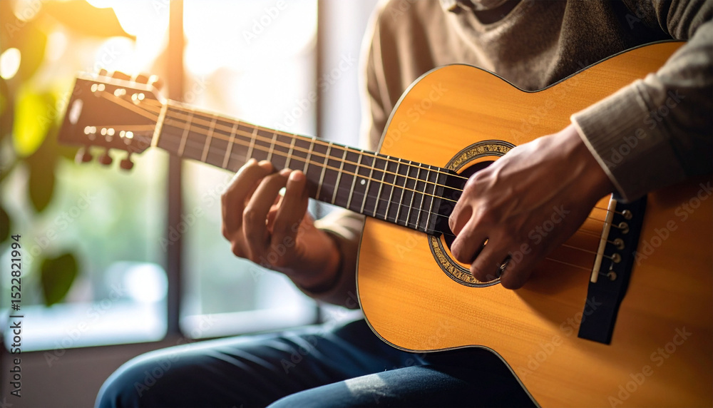 Obraz premium close up of a man playing an acoustic guitar, with soft light from the window