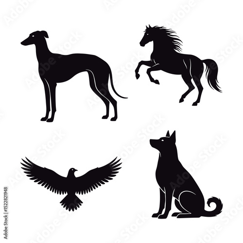 Animal Silhouettes Vector Set. Horse, Dog, and Bird Silhouettes.
