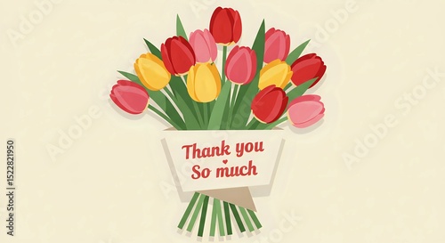 Colorful Tulip Bouquet with Gratitude Message on Beige Background