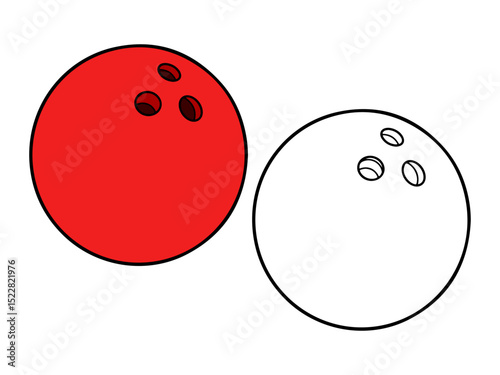 Bowling ball illustration, with one colored red version and one black and white outline. Ideal for sports graphics or coloring pages.