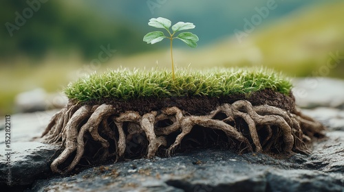 Sprout growing on rock, hillside background, environmental concept