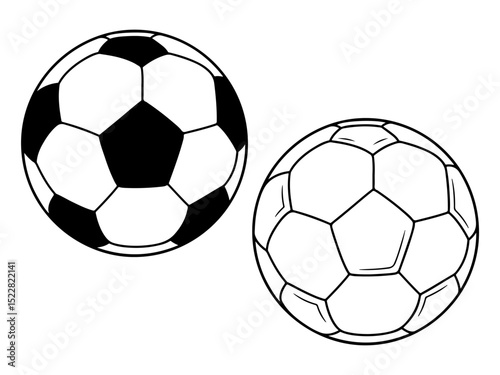 Soccer ball illustration, with one colored black and white version and one black and white outline. Ideal for sports graphics or coloring pages.