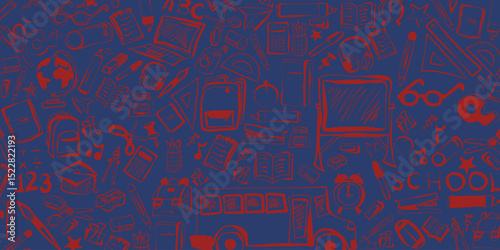 Hand drawn seamless vector pattern of school supplies on blue background, school, office, stationery, school items