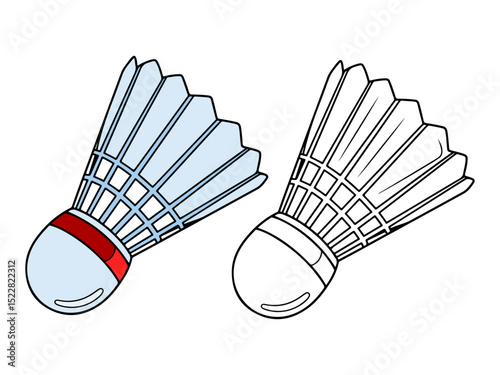 A Badminton shuttlecock illustration, with one colored light blue version and one black and white outline. Ideal for sports graphics or coloring pages.