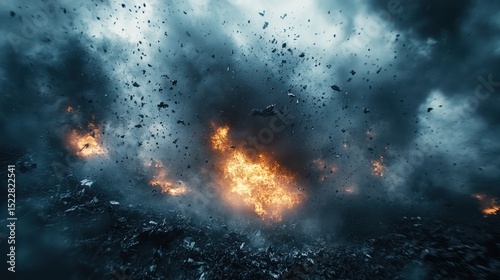 Fiery volcanic eruption, ash, debris, sky, disaster, background, game, VFX