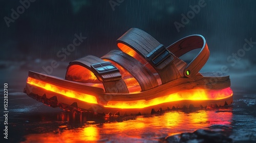 Illuminated Sandal, Rainy Night, Forest, Glowing Sole, Advertising