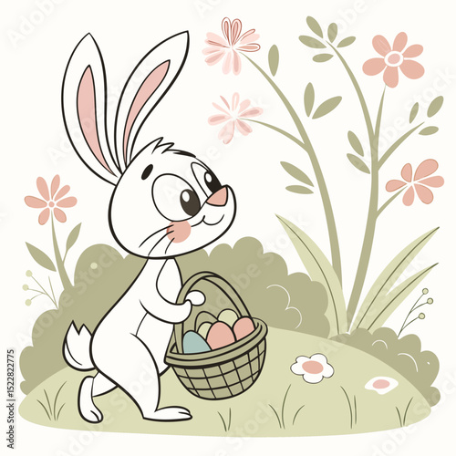 Adorable easter bunny with colorful egg basket spring holiday eggs cute card happy sweet rabbit