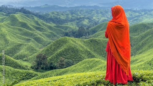 Woman in red hijab contemplates scenic tea plantation