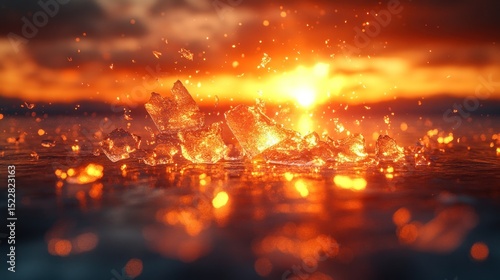 Sunset ice breaking, lake, fiery sky, splash, nature