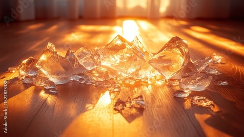 Sunlit Ice Cubes Scattered on Wooden Floor