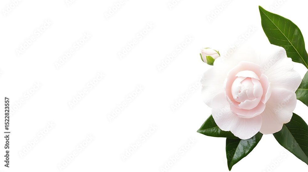 Obraz premium Elegant white camellia blossom and bud with leaves on a clean background